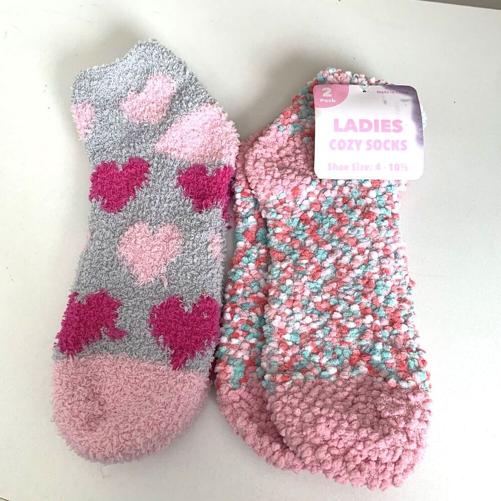 2 Pair Pkg Ladies Cozy Socks Shoe Size: 4- 10 1/2 Multi Pinks & Grays NWOT